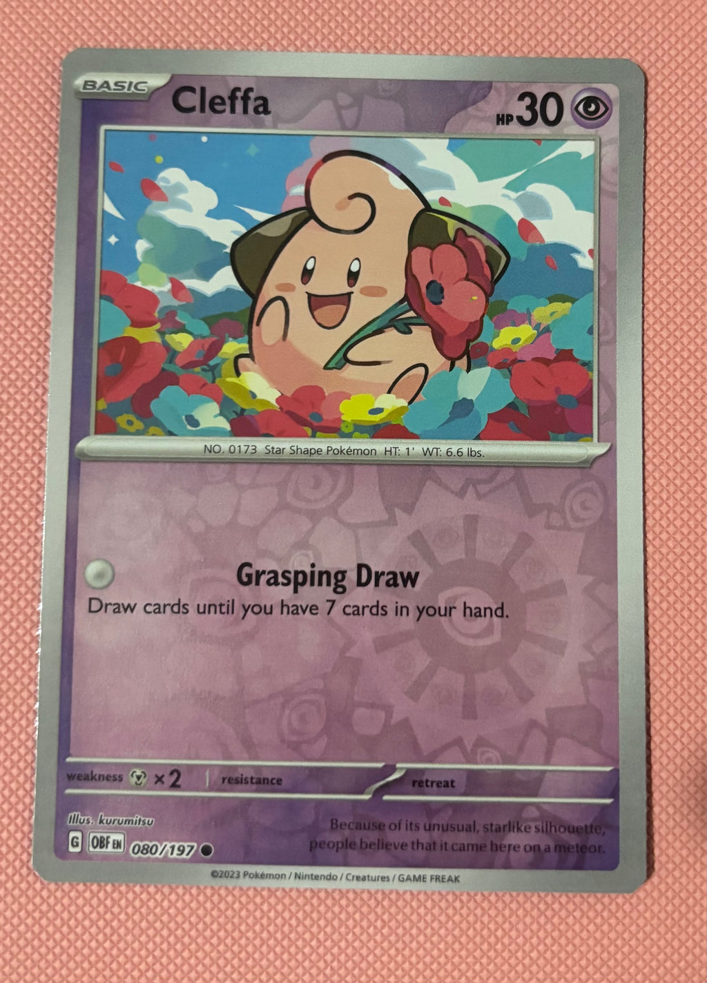 Cleffa – 080/197
Obsidian Flames – Reverse Holo Common
Condition: Near Mint
