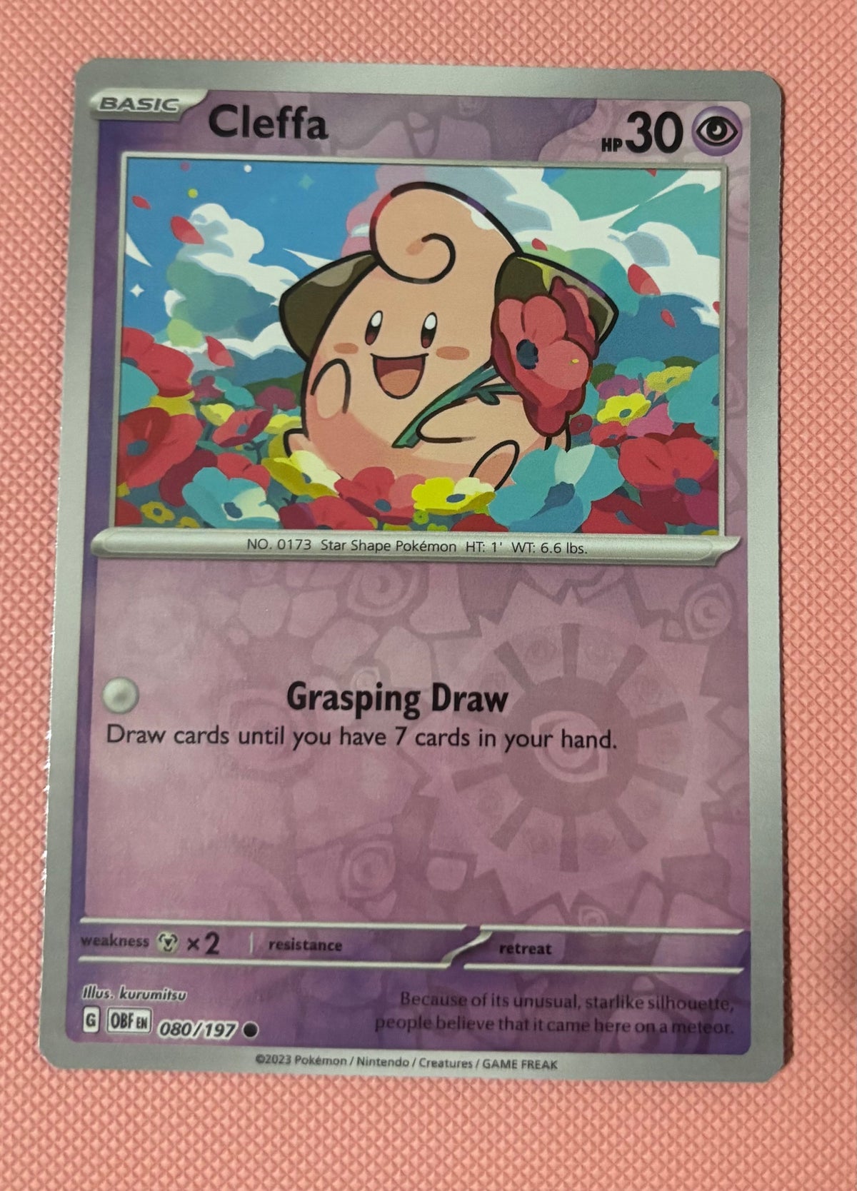 Cleffa – 080/197
Obsidian Flames – Reverse Holo Common
Condition: Near Mint