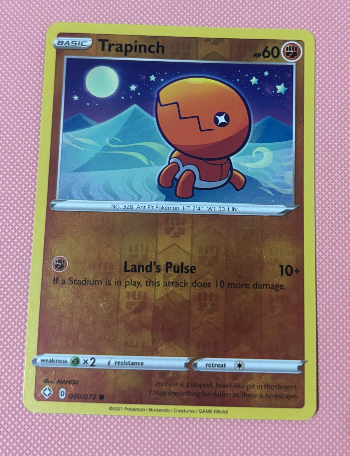 Trapinch – 040/072
Shining Fates – Reverse Holo Common
Condition: Near Mint